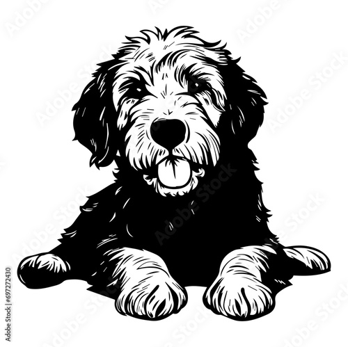 Golden Doodle dog resting silhouette illustration, Golden Doodle dog resting Logo Monochrome Design, Generative AI.