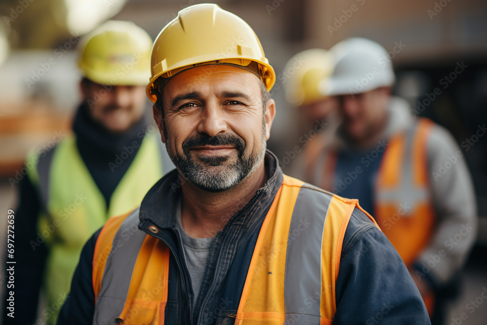 Portrait of a professional factory worker wearing hard hat and work clothes made with generative ai Portrait of a professional factory worker wearing hard hat and work clothes made with generative ai
