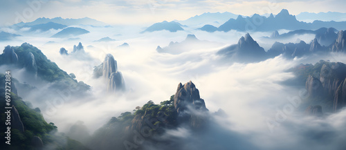 A landscape with towering peaks above clouds, sunlit rugged textures, green cliffs, and birds, evokes tranquility and awe.