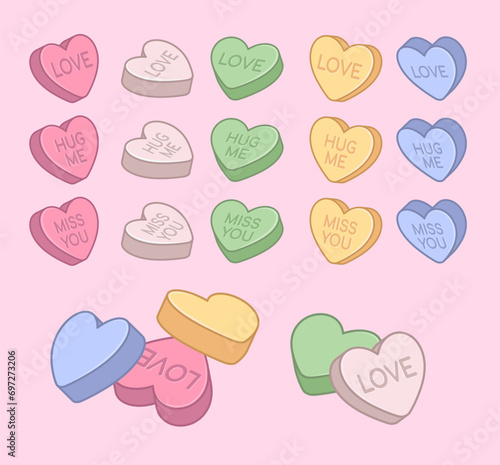 Heart shaped pills, love vitamins. Medicine with love, miss you, hug me text on it. Cute valentine illustration.