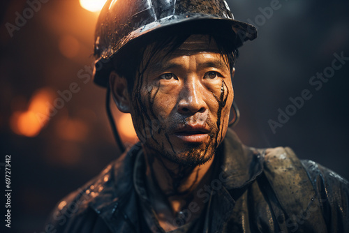 Experienced miner working hard underground extracting energy resources in an industrial environment generative AI © Tetiana