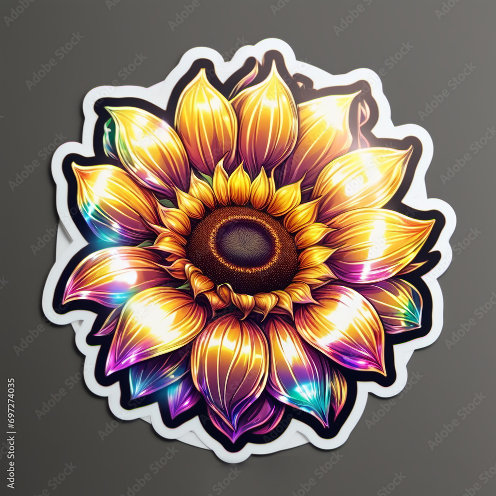 Sunflower round sticker. style of soft holographic iridescence, sticker, soft toffee colors reflective, rounded, high quality, sticker print. Sunflower round sticker. style of soft holographic iridescence, sticker, soft toffee colors reflective, rounded, high quality, sticker print.