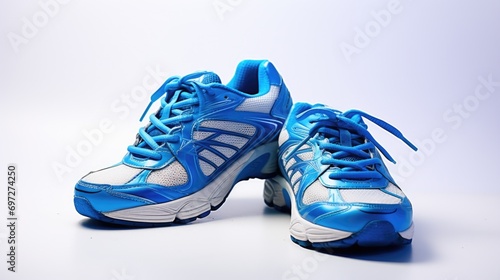 A pair of blue and white running shoes. Suitable for sports and fitness-related content