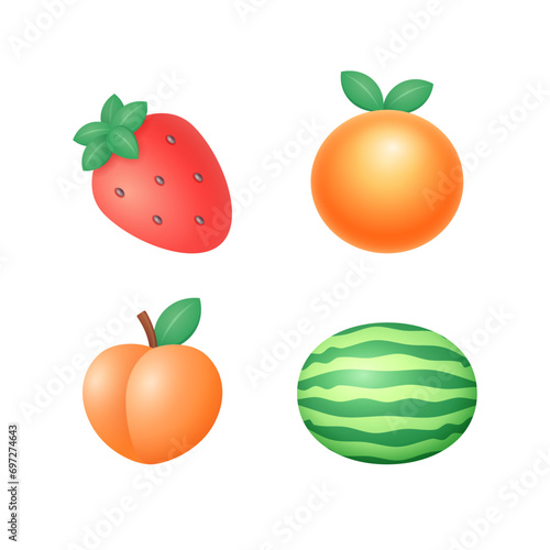 Fototapeta Naklejka Na Ścianę i Meble -  Fruits Set Vector Illustration. Strawberry, Orange, Peach and Watermelon. Realistic 3d Icons.