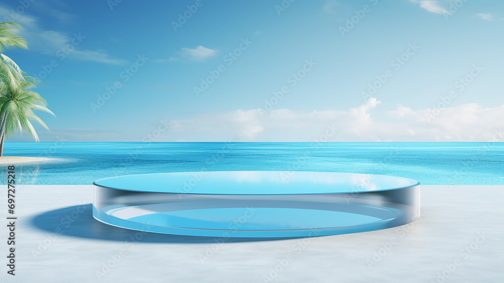 3d rendered empty display glass podium in the water Minimal scene for product display presentation