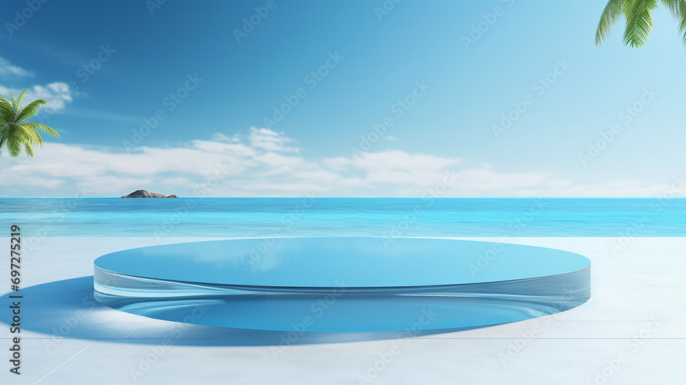 3d rendered empty display glass podium in the water Minimal scene for product display presentation 3d rendered empty display glass podium in the water Minimal scene for product display presentation