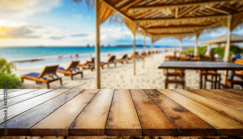 Empty wooden table with blurry beach restaurant background . ai generated - obrazy, fototapety, plakaty 