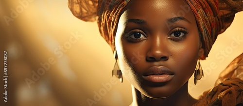 Young African woman seen from close range, gazes upwards. photo
