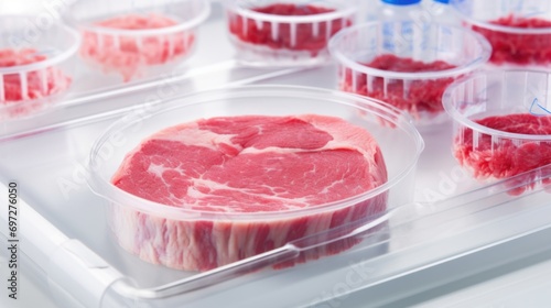 A bunch of meat in plastic containers on a table. Meat sample in modern laboratory or production facility.