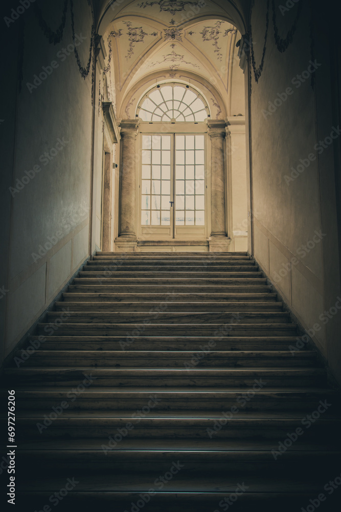 Ancient dark staircase - Grunge interior, nobody, empty building architecture, window.