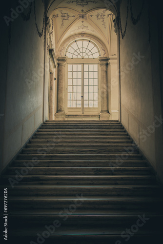 Ancient dark staircase - Grunge interior  nobody  empty building architecture  window.