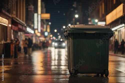 Plastic dumpster stands on the city street at night, people and vehicles in the background