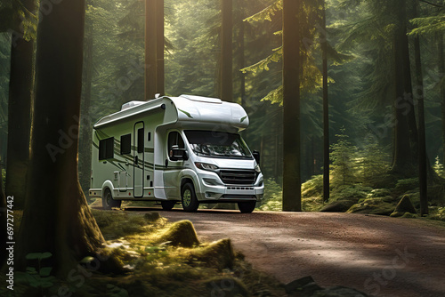 motorhome or big family van in a road trip, summer forest natural background