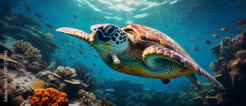 A sea turtle swimming gracefully among coral reefs in clear blue ocean waters