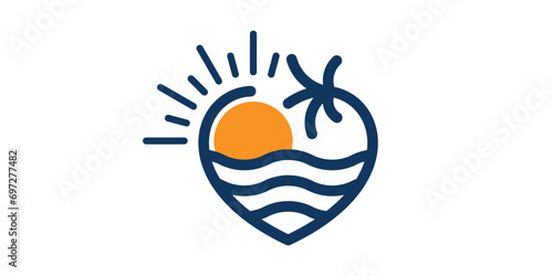 logo design combining the shape of love with a beach view, minimalist lines.