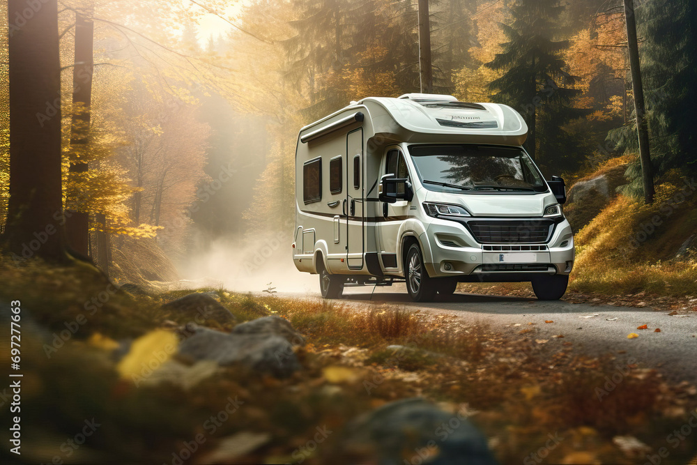 motorhome or big family van in a road trip, autumn forest natural background