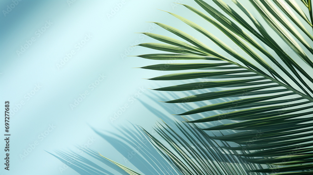 top view of palm leaves on blue background copy space, Tropical palm leaves from above - flat lay