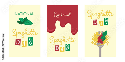 National Spaghetti Day cards. Handwriting text and spaghetti on fork with tomato sauce and basil