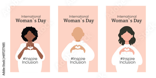 International Women s Day concept holiday. Diverse women. Three card. Campaign 2024 inspireinclusion