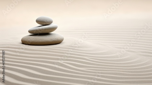 A stack of rocks sitting on top of a sandy beach. Zen pyramid  stack of pebbles on sand with wind patterns  calm neutral background.