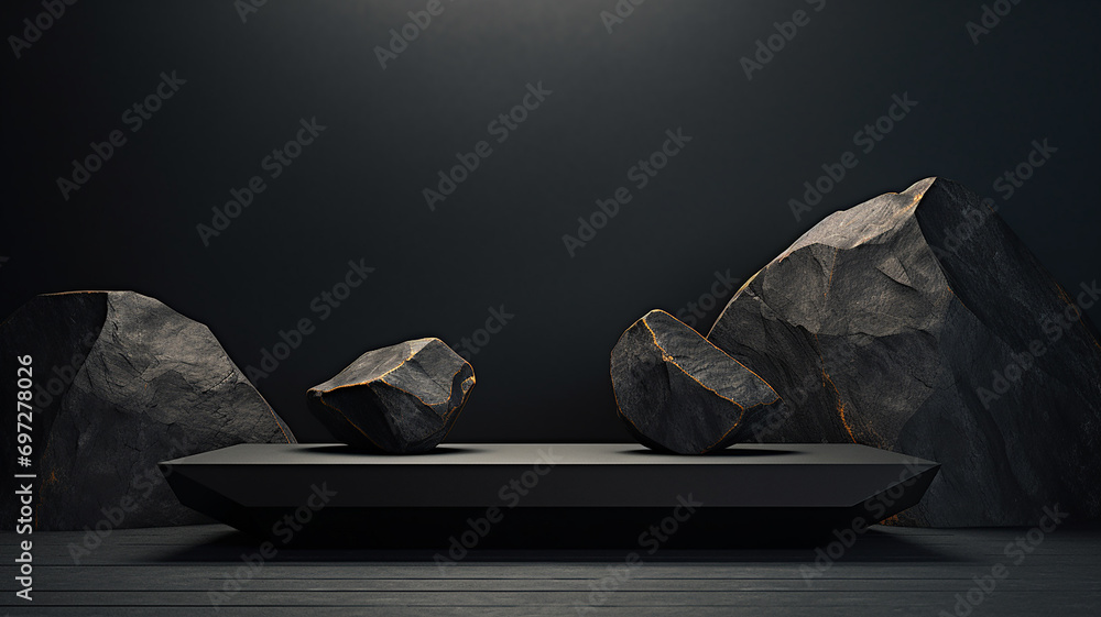 3d rendered black empty Luxury natural stone podium for showing packaging and product on black background, copy space 3d rendered black empty Luxury natural stone podium for showing packaging and product on black background, copy space