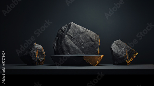 3d rendered black empty Luxury natural stone podium for showing packaging and product on black background, copy space