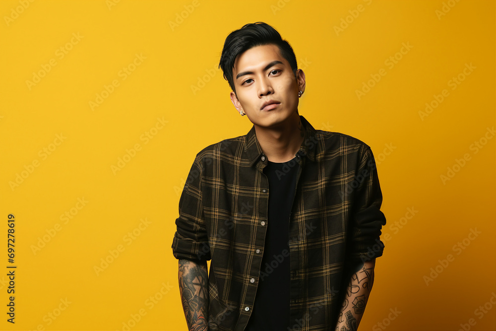Generative ai photo image of a confident man with tattooed hands isolated on yellow color background Generative ai photo image of a confident man with tattooed hands isolated on yellow color background