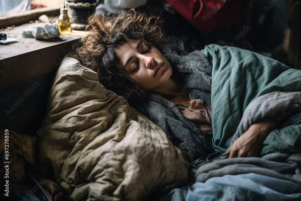 Fototapeta premium Generative AI picture of desperate homeless person man woman child poor helpless in the street