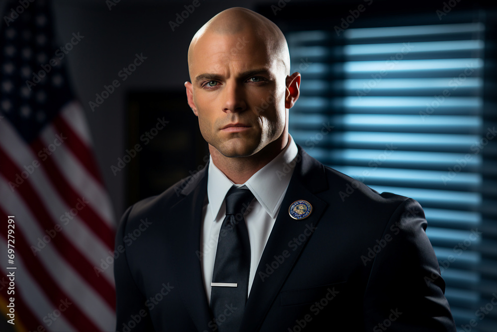 Serious police man american army general soldier CIA made with Ai generative technology - obrazy, fototapety, plakaty 