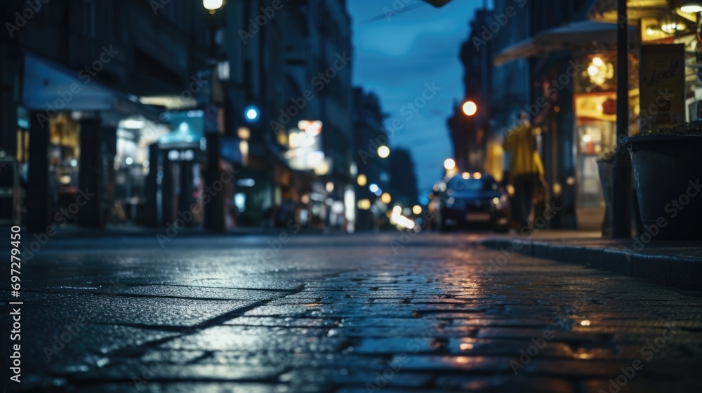 A picture of a city street at night with a wet sidewalk. This image can be used to depict urban nightlife or rainy city scenes