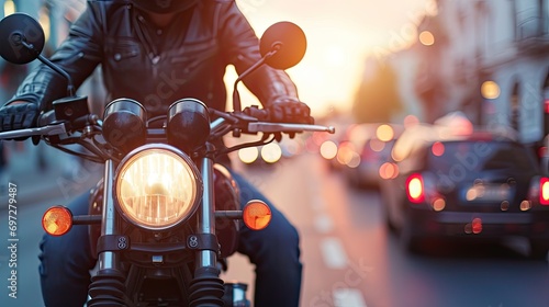 Motorcyclist embarks on daring urban adventures, conquering the streets with skill and precision. photo
