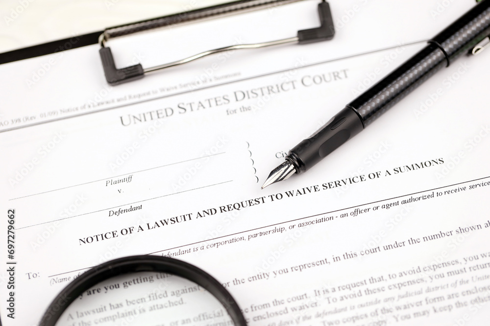 District court Notice of the lawsuit and request to waive service of a summons papers on A4 tablet lies on office table with pen and magnifying glass close up District court Notice of the lawsuit and request to waive service of a summons papers on A4 tablet lies on office table with pen and magnifying glass close up
