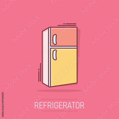 Fridge refrigerator icon in comic style. Freezer container vector cartoon illustration pictogram splash effect.