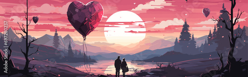 a couple in love on the background of a sunset landscape and a big balloon in the shape of a heart. vector illustration