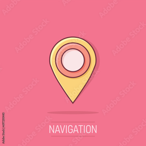 Vector cartoon map pointer icon in comic style. Gps navigation mark illustration pictogram. Pointer destination business splash effect concept.