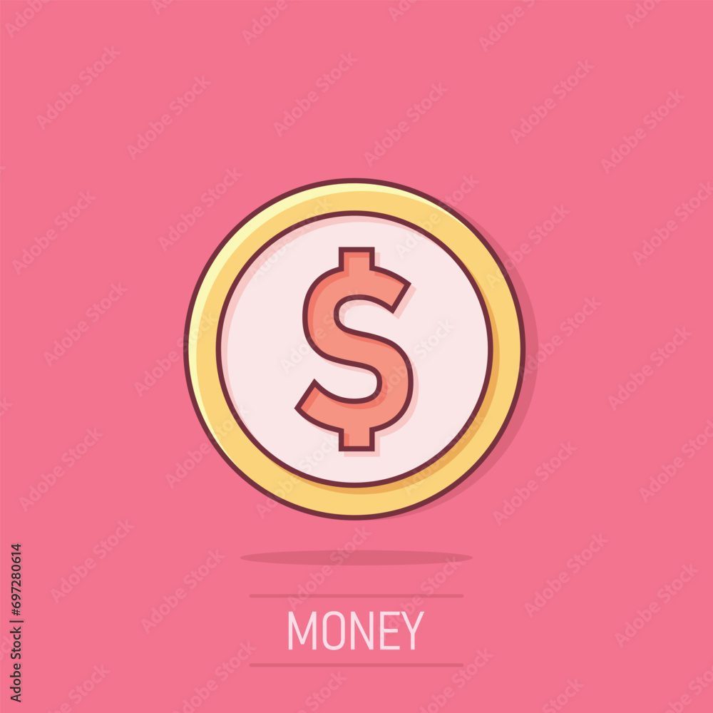 Coins stack icon in comic style. Dollar coin vector cartoon illustration pictogram. Money stacked business concept splash effect. Coins stack icon in comic style. Dollar coin vector cartoon illustration pictogram. Money stacked business concept splash effect.