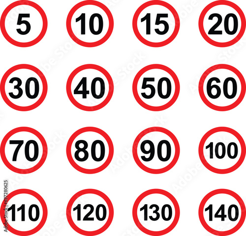 Road Speed Limit Sign Set. Set of generic speed limit signs with black number and red circle. Vector illustration