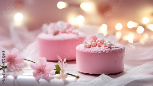 Two pink cakes sitting on top of a table.