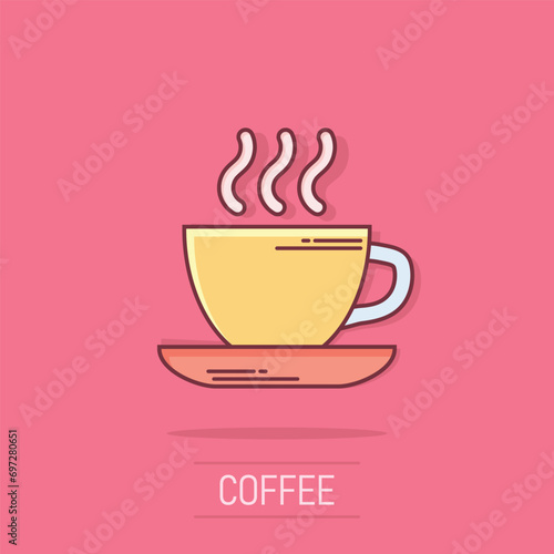 Coffee, tea cup icon in comic style. Coffee mug vector cartoon illustration pictogram. Drink business concept splash effect.