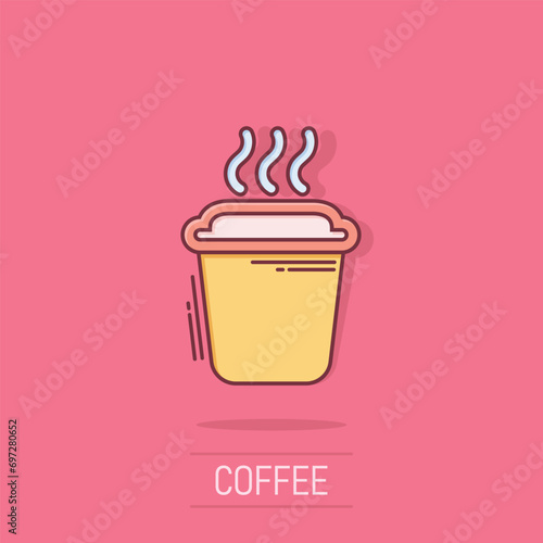 Coffee, tea cup icon in comic style. Coffee mug vector cartoon illustration pictogram. Drink business concept splash effect.