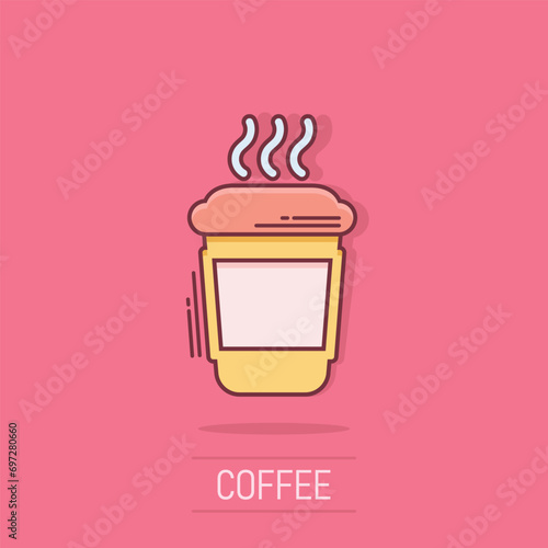 Coffee, tea cup icon in comic style. Coffee mug vector cartoon illustration pictogram. Drink business concept splash effect.