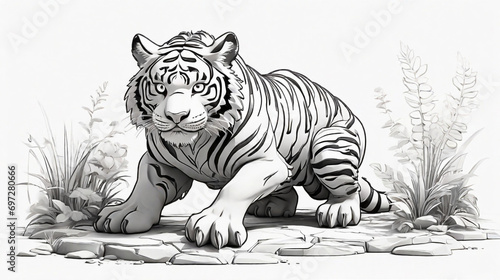 black and white outline art for kids coloring book page on a hunting tiger Coloring pages for kids, clean line art, white background