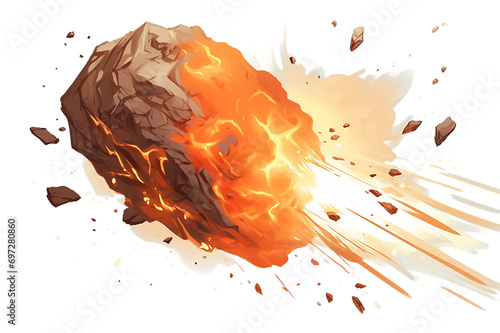 Big cartoon bomb explosion on ground with shrapnel and fireball, isolated on white, bright fiery explosion with yellow clubs of smoke transparent background Generative Ai