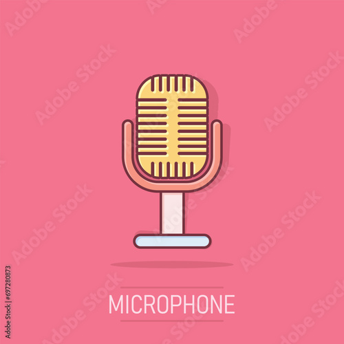 Microphone icon in comic style. Mic broadcast vector cartoon illustration pictogram. Microphone mike speech business concept splash effect.
