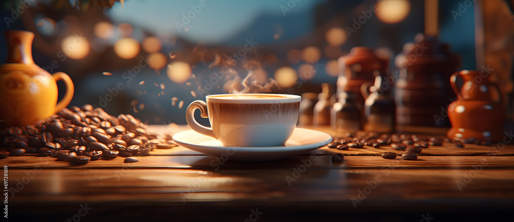 Obraz na płótnie Steaming coffee cup with coffee beans on wooden table w salonie