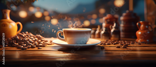 Steaming coffee cup with coffee beans on wooden table