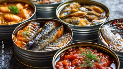 assortment of canned fish in open tins