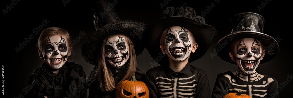Halloween background. kids in skeleton costumes halloween character on black background banner. Trick or treat concept. Collect candies