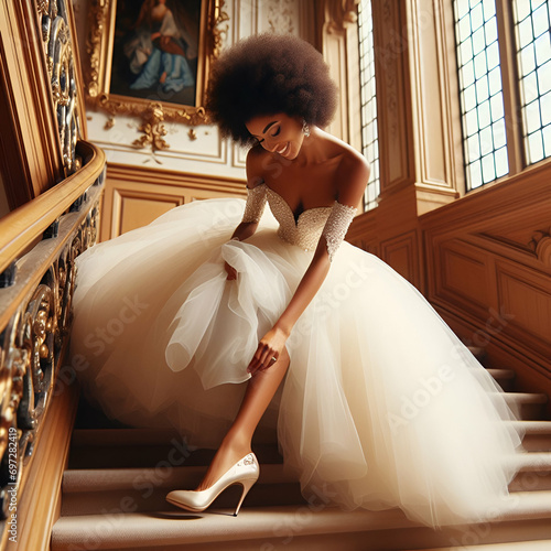 A young debutante putting on her shoes on the stairs of a castle