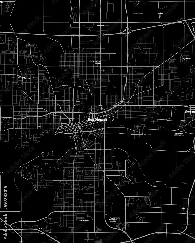 Detailed Dark Map of Des Moines Iowa